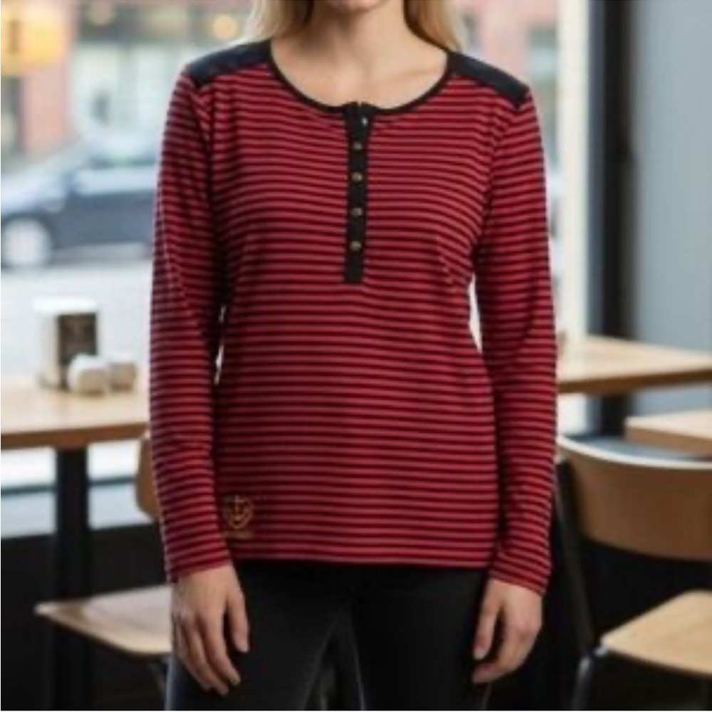 Ralph Lauren Striped Henley Top Women's Medium Crest Preppy Nautical Coastal